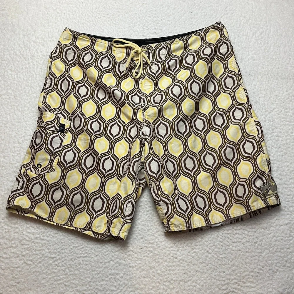 O'Neill Board Shorts‎ Mens 36/38 Yellow Brown Geometric Psychedelic Swim Trunks